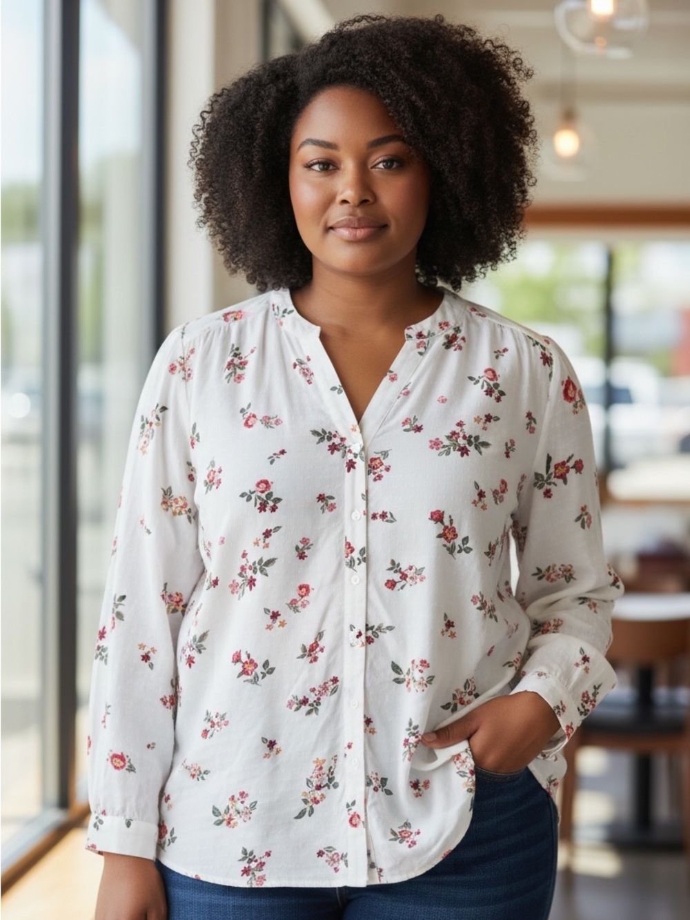 IN EVERY STORY  White Button-Down Blouse with Pink & Red Floral Print size 12